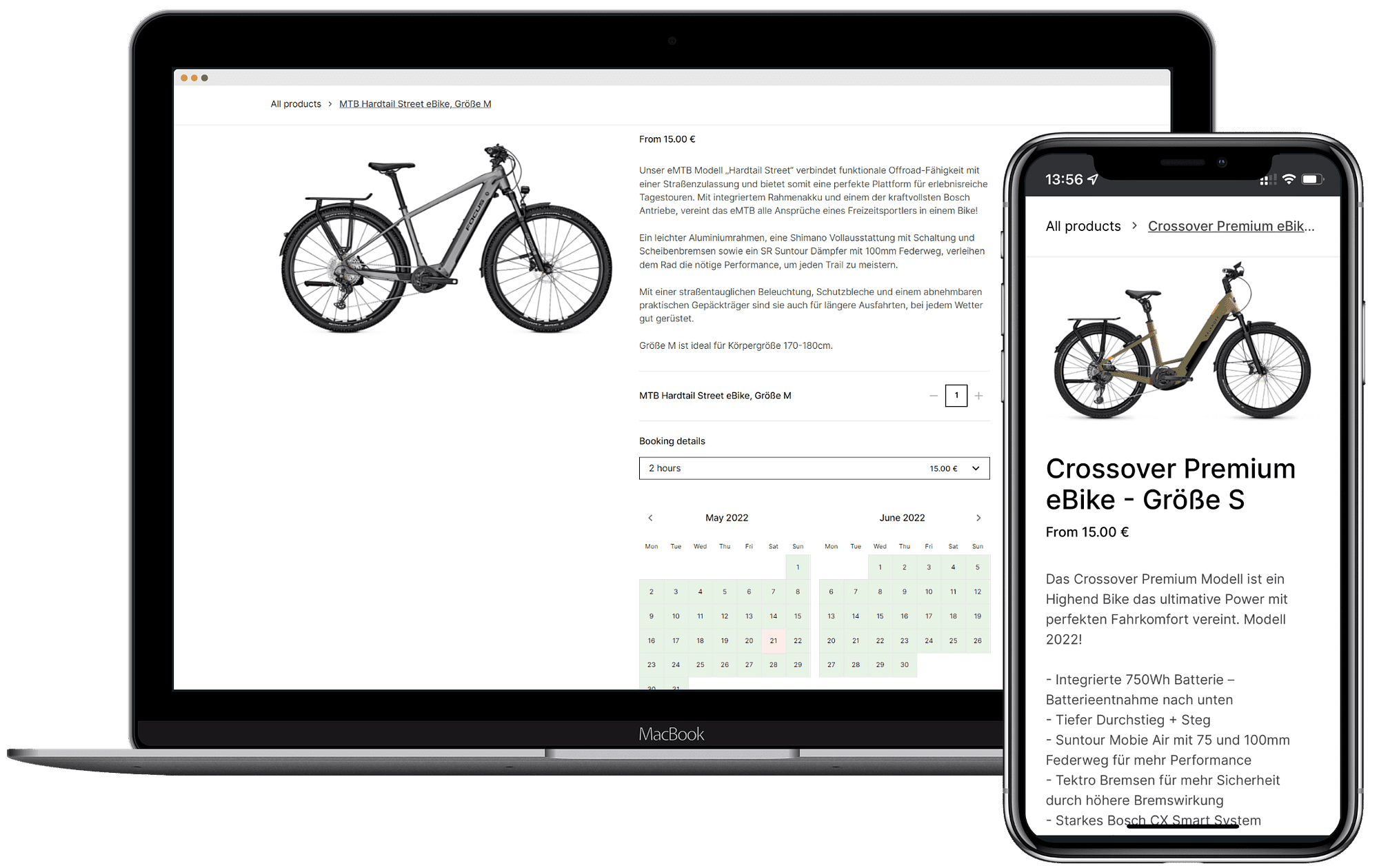 Darstellung der Buchungsengine für die Miete von E-Bikes